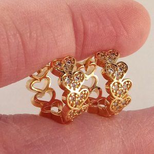 18K Yellow Gold Filled Diamond Zircon Carved Heart Hoop Huggie Earrings 15mm